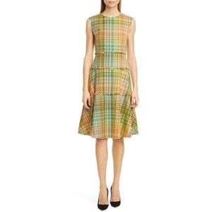 $1390 Lela Rose Plaid Fringe Trim Fit & Flare Dress, size 6